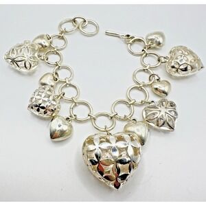 Charm Bracelet Silver Tone Puff Heart Toggle Closure Adjust 7" - 8"